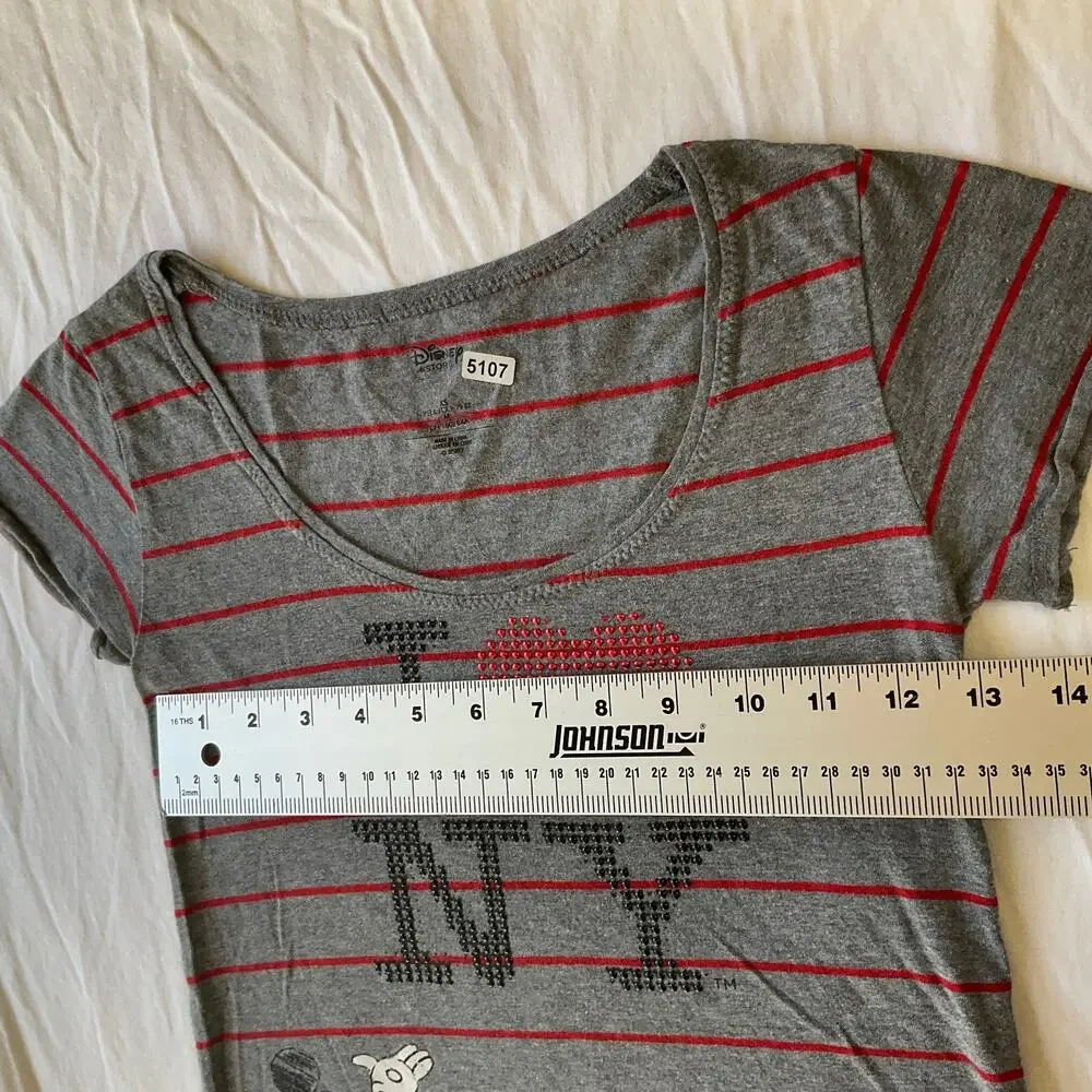 Disney Store Women Shirt XS Gray Striped Logo Scoop Neck Pullover Short Sleeve